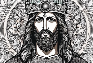 flat stern byzantine Christ with all-demanding eyes with a halo made of peacock feathers and pecan trees tattoo idea