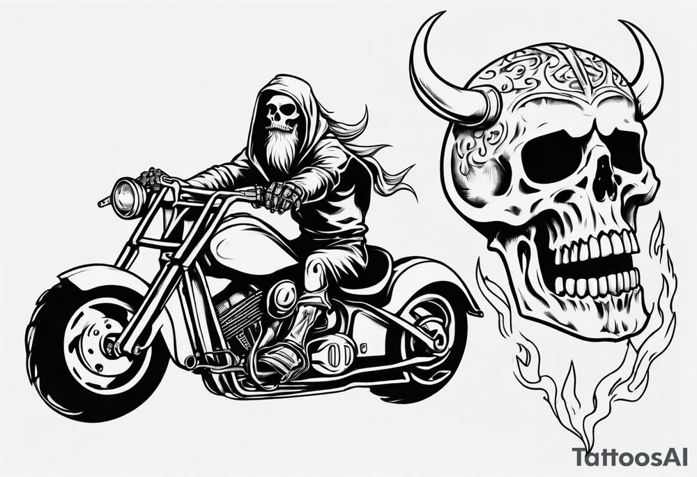 A skeleton riding a motorcycle with flames front view and a big viking face in the background tattoo idea