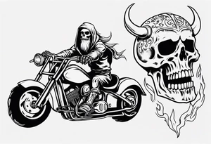 A skeleton riding a motorcycle with flames front view and a big viking face in the background tattoo idea