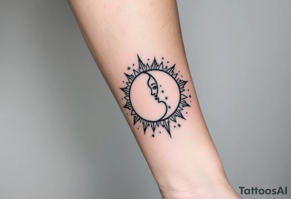 celestial sun and moon embrace with constellation patterns tattoo idea