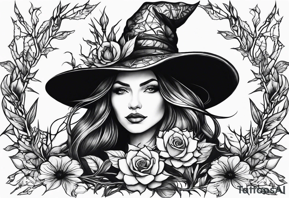 Witch hat
Black flowers 
Thorns tattoo idea