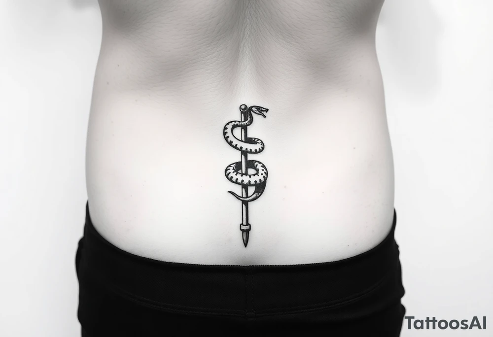 Snake tatto graphic on the hip. Positioned on the hip bone and lower closer to lady parts and leg. Snake symbolically wrapped over the pole (pole dance one). Minimalistic graphic style. Only snake and pole. Positioned horizontally, Pole vertically (not just Pole but a special pole for pole dance, but not to much details). On hip bone. Placed horizontally from the hip bone to pelvic tattoo idea