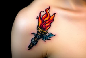 A blazing torch the handle wrapped in water, with intense red, blue, and gold hues. tattoo idea