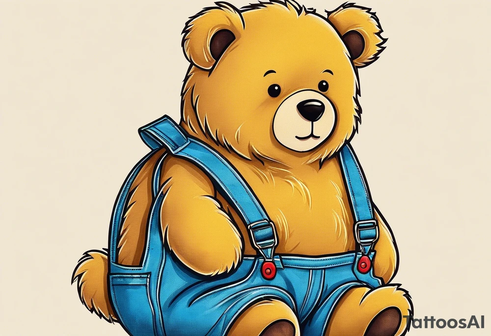 image of the back of a light brown teddy bear standing in yellow overalls, striped tank top and wearing boots tattoo idea
