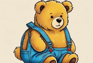 image of the back of a light brown teddy bear standing in yellow overalls, striped tank top and wearing boots tattoo idea