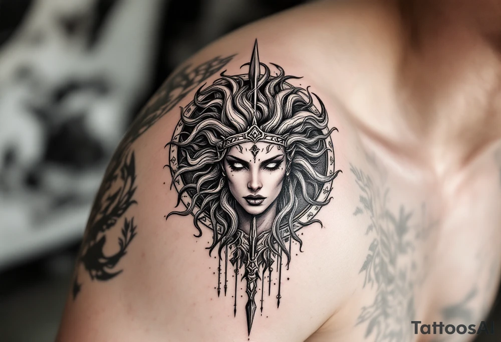 Athena goddess of war and wisdom on women’s upper arm 
Medusas head on her shield and her spear tattoo idea