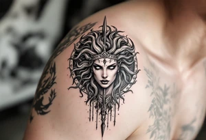 Athena goddess of war and wisdom on women’s upper arm 
Medusas head on her shield and her spear tattoo idea