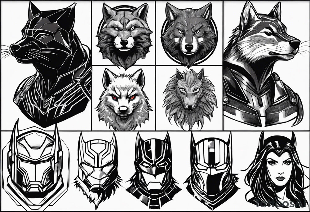 I want to change Avengers Team characters with animals. Hulk will be Badger, Thor will be Alpha Grey Wolf, Captain America will be Bull, Iron Man will be Canary, Black Widow will be Axolotl, Hawk Eye will be Sudan Plated Lizard and Nick Fury will be Cat. tattoo idea
