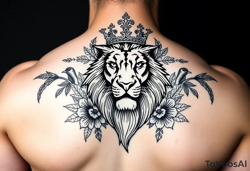 powerful majestic lion with a crown, surrounded by floral ornaments and birds tattoo idea