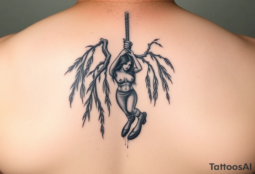 Fat sexy woman hanging in a noose off a weeping willow tree tattoo idea