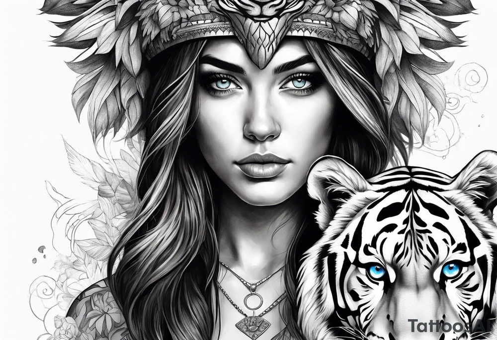 attractive brunette girl with blue eyes with aggressive tiger headdress tattoo idea