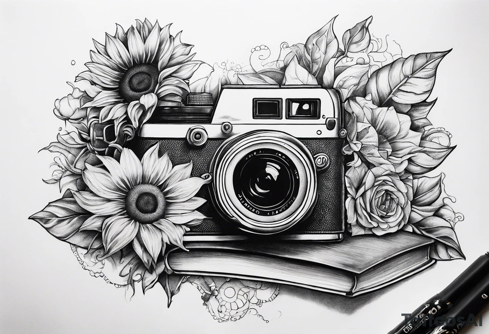 sunflower, book, camera, fish tattoo idea