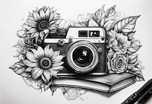 sunflower, book, camera, fish tattoo idea