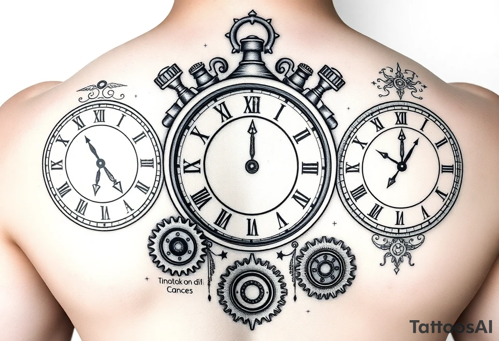 3 clocks with different times. Clock cogs and gears. Libra, Gemini and cancer star signs included in a half sleeve tattoo tattoo idea