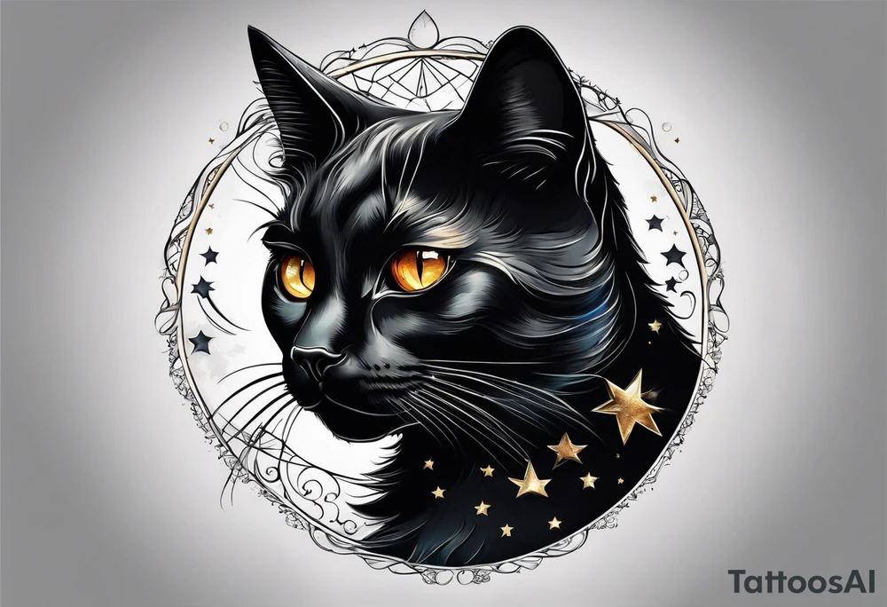 Photo realistic black cat head with moon and stars tattoo idea