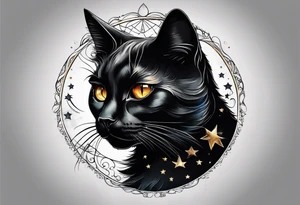 Photo realistic black cat head with moon and stars tattoo idea