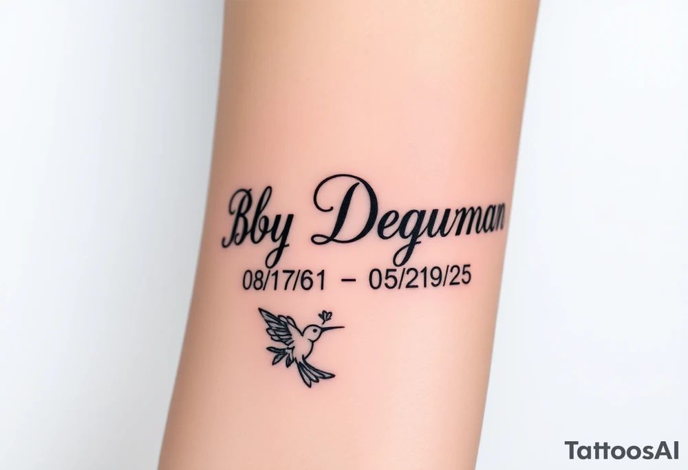 Tattoo of the exact name Debby Deguzman in chunky curly cursive with the exact dates of 08/17/61-05/29/25 surrounded by 1 hummingbird and 1 rose tattoo idea