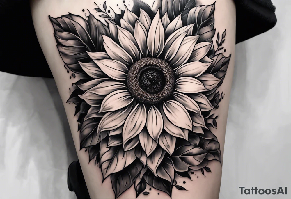 Leg sleeve sunflower tattoo idea