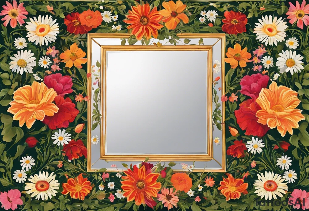 My idea is roughly a square mirror, surrounded by flowers. In the mirror, near the upper right corner, there is an eye (with a passionate, fiery feeling). The flowers are positioned in the upper left corner and the lower right corner. The floral arrangement would have leaves under the flowers, with a rose in the upper left and a daisy in the lower right. I'll add more details around the eye. I want the face to be very blurred, almost invisible, with only the eye being particularly clear, as if the entire face is backlit but the eye remains sharply in focus. Overall, I want to create the feeling that I am looking at this mirror. tattoo idea