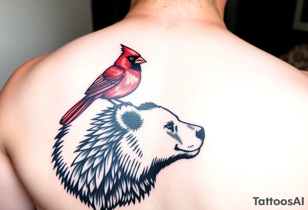 Realistic bright red cardinal perched on a bear. Native American vibes tattoo idea