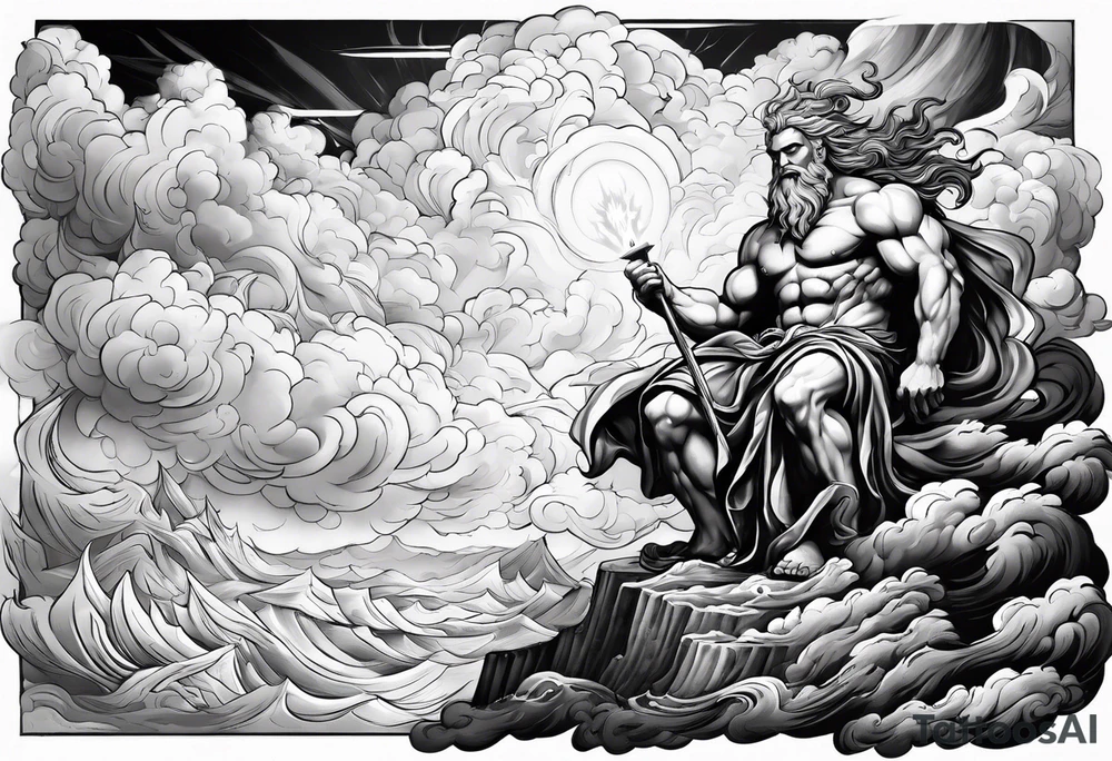 Zeus with a lightning bolt on clouds and Hades in hell below tattoo idea
