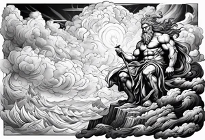 Zeus with a lightning bolt on clouds and Hades in hell below tattoo idea