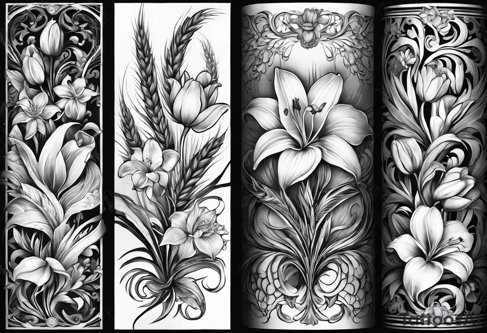 Vertical floral arm sleeve with wheat and dragonflower and florals and tulips lilly orchid, Queen-of-the-Night tattoo idea