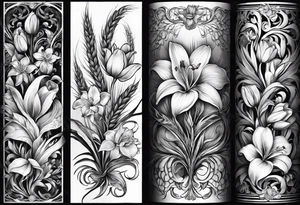 Vertical floral arm sleeve with wheat and dragonflower and florals and tulips lilly orchid, Queen-of-the-Night tattoo idea