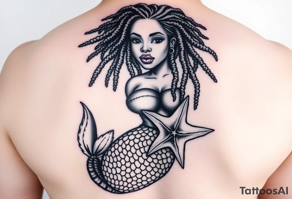 plus size black woman mermaid with locs holding a starfish tattoo idea