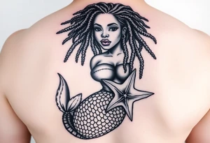 plus size black woman mermaid with locs holding a starfish tattoo idea