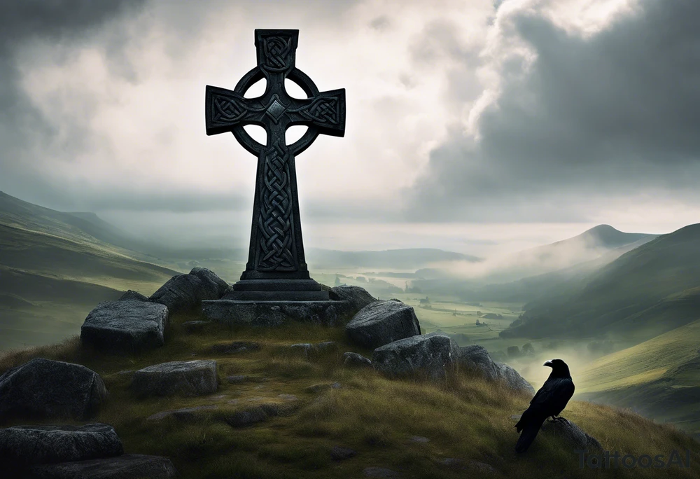 A stone Celtic cross solemnly standing atop a hill, a raven perches atop the cross staring out over the desolation. A ruined stone wall lies crumbling near the cross. Mist rolls along the hilltops adding to the melancholic nature of the scene. tattoo idea