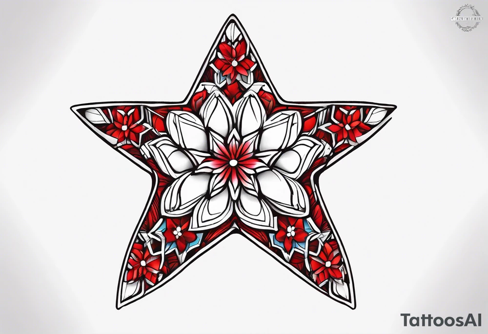 Small tattoo of a forget me knot flower linework star thats outline is red and a snowflake all separate tattoo idea