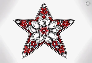 Small tattoo of a forget me knot flower linework star thats outline is red and a snowflake all separate tattoo idea
