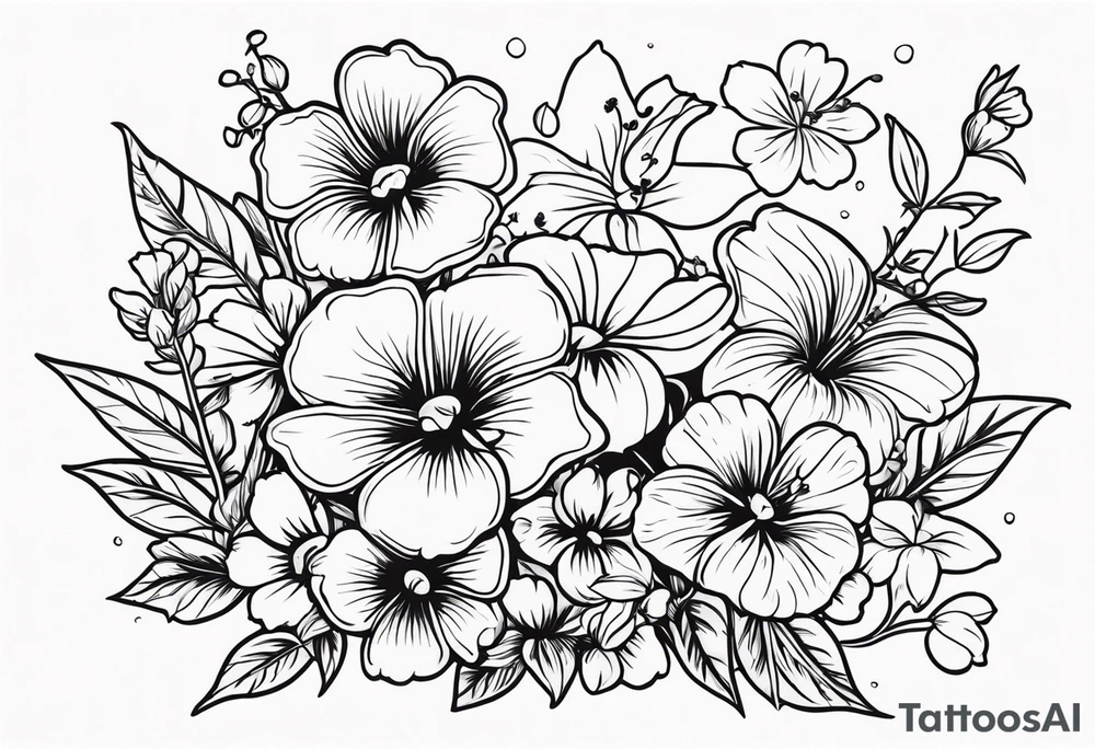 a vertical flower bouquet including sweet pea, larkspur, morning glory and cosmos tattoo idea