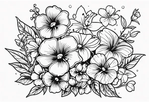 a vertical flower bouquet including sweet pea, larkspur, morning glory and cosmos tattoo idea