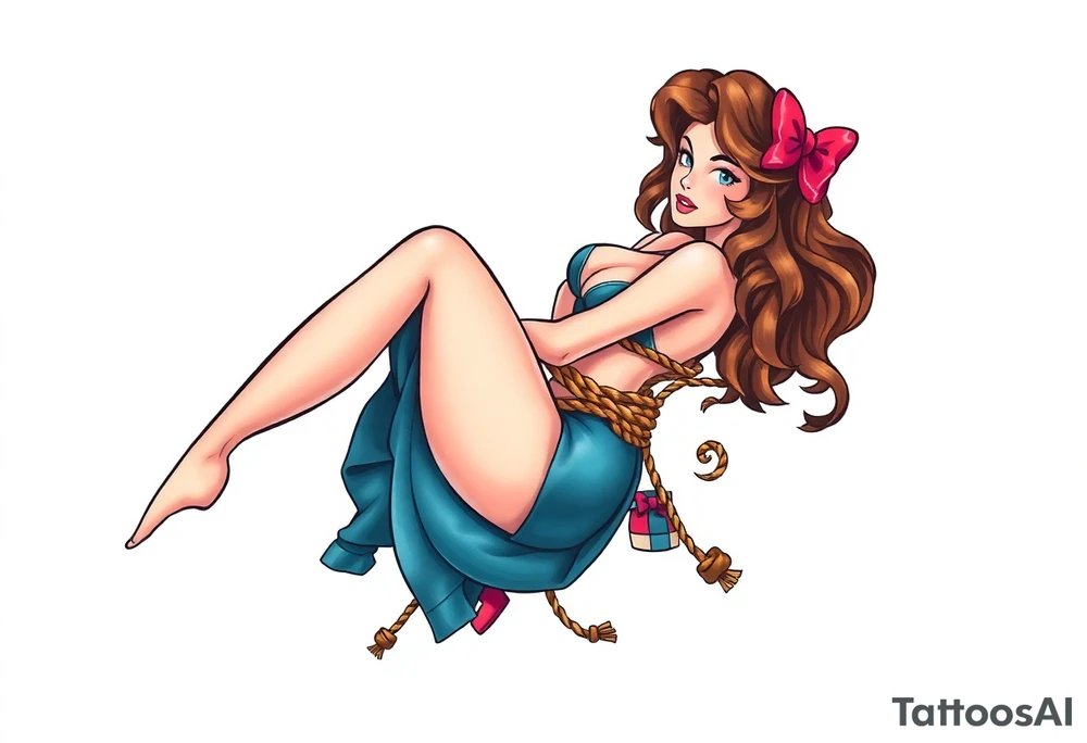 Realistic pin-up girl tied with rope on thigh tattoo idea
