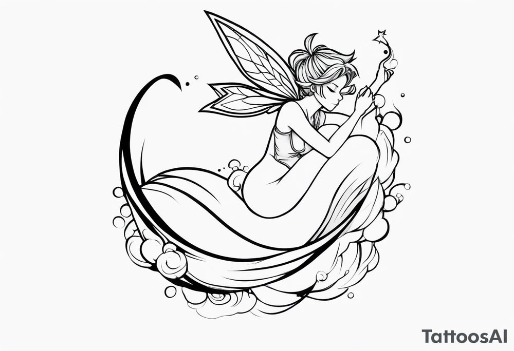 No color fairy with a tail inspired by the logo of the anime show called Fairy Tail in a fetal position leaning in and forward while in the air floating and sleeping tattoo idea