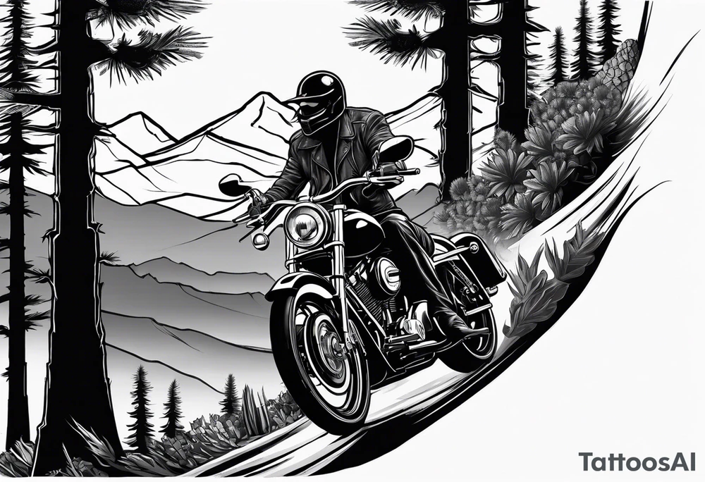 Sleeve tattoo
With 
Arizona flag 
Lion
Street glide Harley motorcycle  handlebars looking at a winding rode with pine trees on one side
And cactus on the other 
Winding rode with cactus on one side and pine trees on the other 
Mountain 
Vanitas tattoo idea