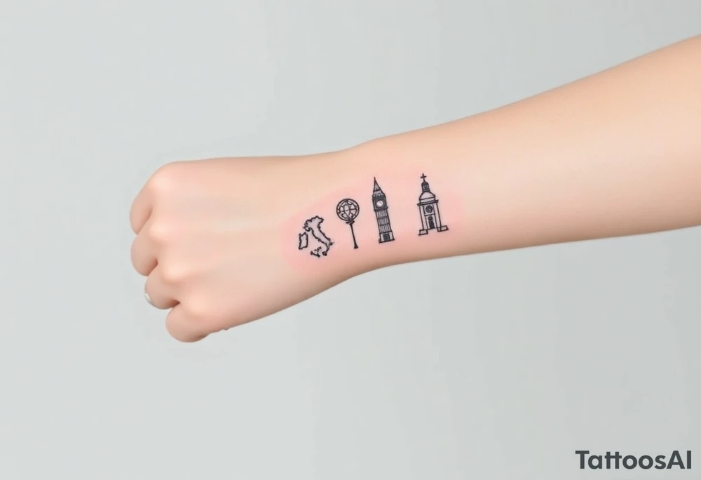 Nature tattoo mixing symbols of italy, Ireland, wales, and london in a linear, narrow for forearm tattoo with small pops of color tattoo idea