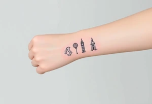 Nature tattoo mixing symbols of italy, Ireland, wales, and london in a linear, narrow for forearm tattoo with small pops of color tattoo idea