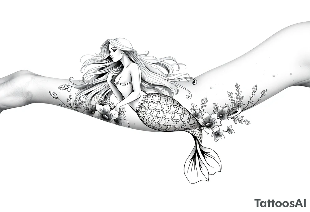 ethereal mermaid with flowing hair among coral and sea flowers tattoo idea