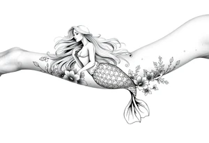 ethereal mermaid with flowing hair among coral and sea flowers tattoo idea