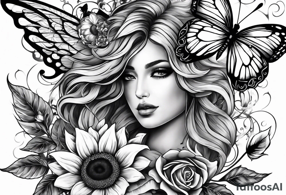 Arm sleeve with Winged cross with sunflower and butterflies tattoo idea