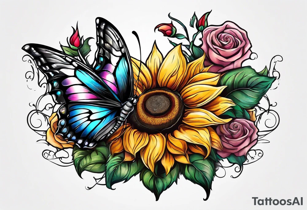 animal butterfly , flower rose, sunflower, tattoo idea