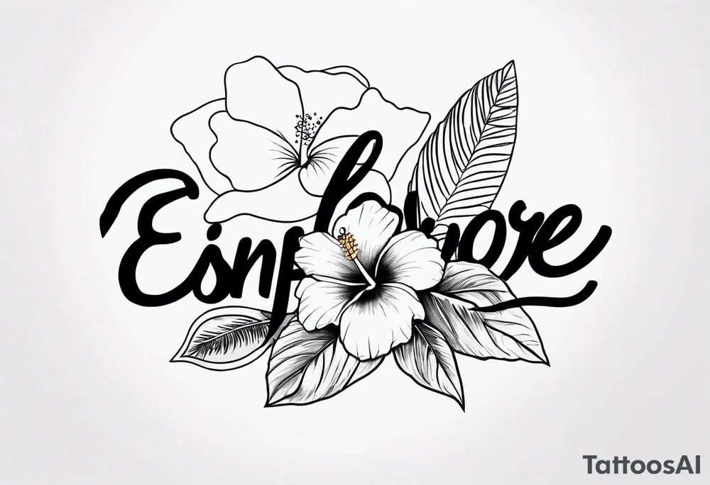 Small Tropical tattoo with hibiscus and sunrise that says explore in delicate script tattoo idea