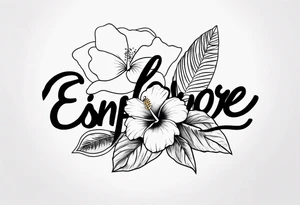 Small Tropical tattoo with hibiscus and sunrise that says explore in delicate script tattoo idea