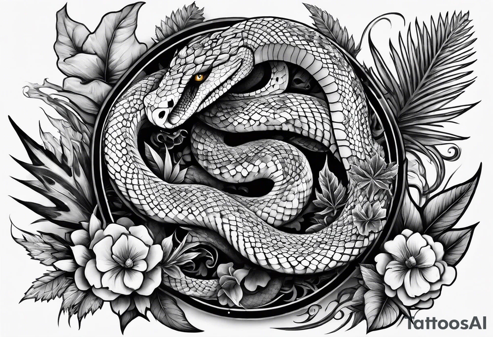 sleeve tattoo with a snake, gun, weed symbol that says HYDRA tattoo idea