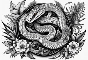 sleeve tattoo with a snake, gun, weed symbol that says HYDRA tattoo idea