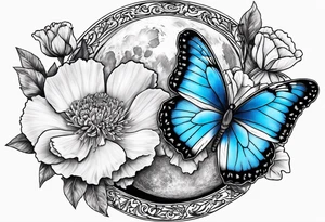 Blue butterfly moon carnations tattoo idea