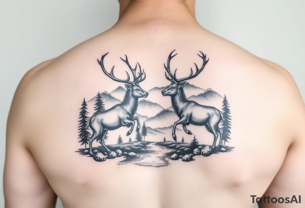 Forearm tattoo Black and grey realism Nature scene with two stags fighting in the foreground include mountains water and trees tattoo idea